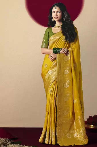 Viscose silk mustard saree with rich zari weaving & designer tassels