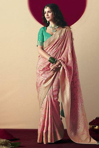 Viscose silk light pink saree with rich zari weaving & designer tassels