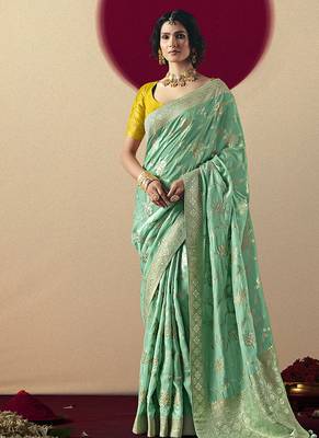 Viscose silk blend sea green saree with zari weaving work 1