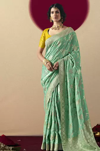 Viscose silk sea green saree with rich zari weaving & designer tassels