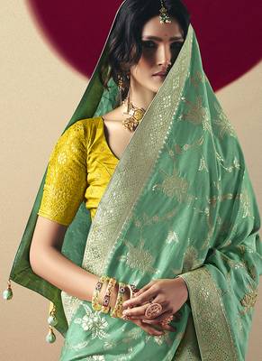 Viscose silk blend sea green saree with zari weaving work 3