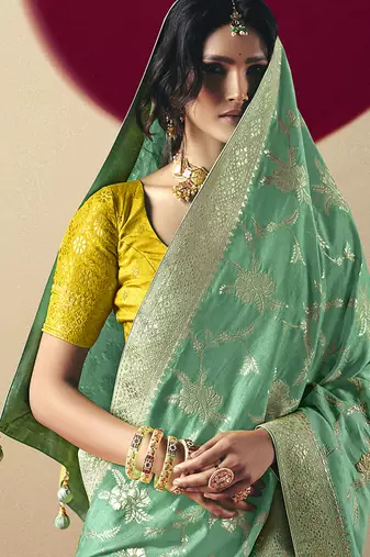 Viscose silk blend sea green saree with zari weaving work