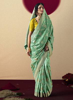 Viscose silk blend sea green saree with zari weaving work 4