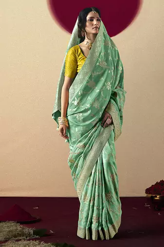 Viscose silk blend sea green saree with zari weaving work