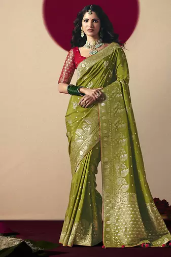 Viscose silk olive green saree with rich zari weaving & designer tassels