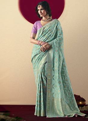 Viscose silk blend aqua blue saree with zari weaving work 1