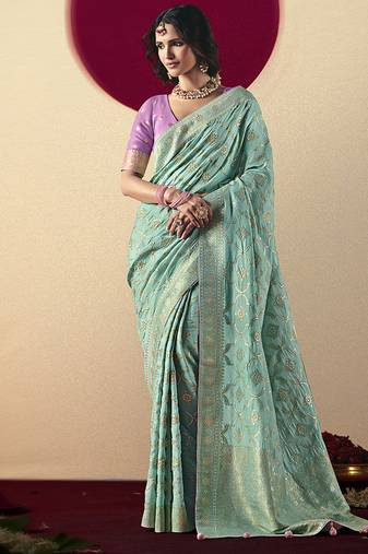 Viscose silk aqua blue saree with rich zari weaving & designer tassels
