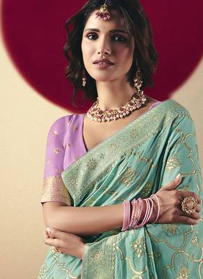 Viscose silk blend aqua blue saree with zari weaving work 2