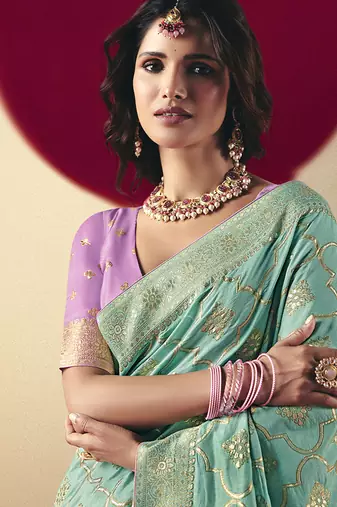 Viscose silk blend aqua blue saree with zari weaving work