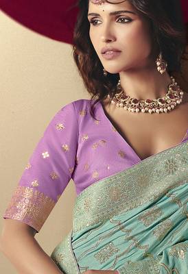 Viscose silk blend aqua blue saree with zari weaving work 3