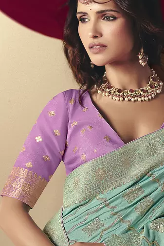 Viscose silk blend aqua blue saree with zari weaving work