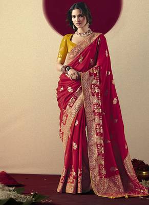 Viscose silk blend red saree with zari weaving work 1