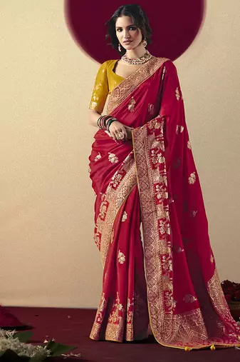 Viscose silk red saree with rich zari weaving & designer tassels