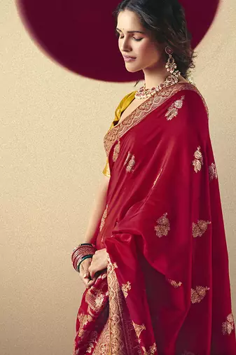 Viscose silk blend red saree with zari weaving work