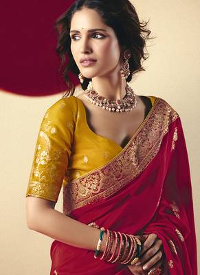 Viscose silk blend red saree with zari weaving work 3