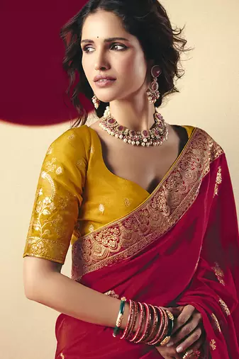 Viscose silk blend red saree with zari weaving work