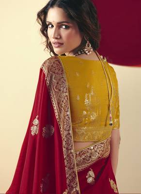 Viscose silk blend red saree with zari weaving work 4