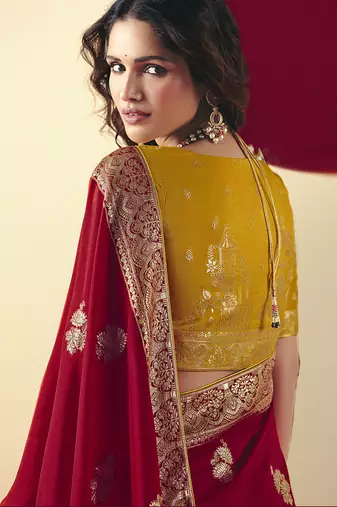 Viscose silk blend red saree with zari weaving work