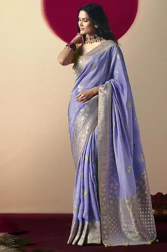 Viscose silk lavender saree with rich zari weaving & designer tassels