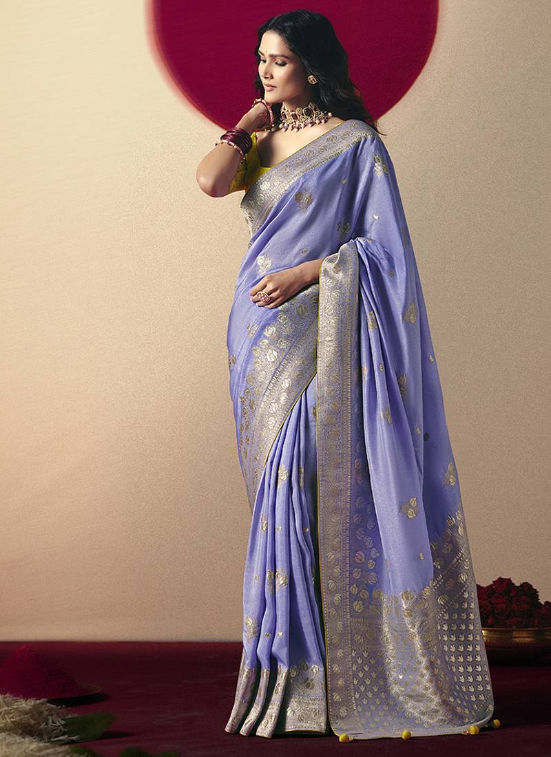Viscose silk lavender saree with rich zari weaving & designer tassels