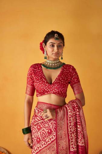 Women red kashmiri silk zari border work saree