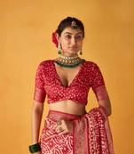 Women red kashmiri silk zari border work saree