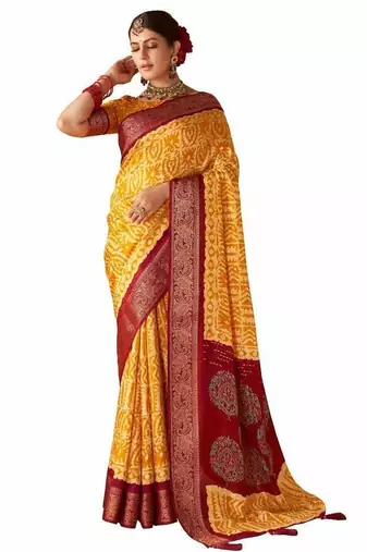 Women yellow kashmiri silk zari border work saree