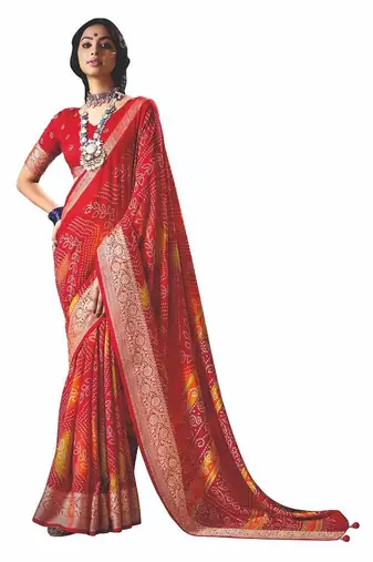 Women red vicitra soft fabric with digital print saree