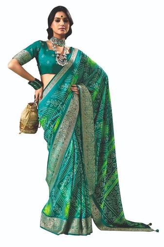 Women green vicitra soft fabric with digital print saree