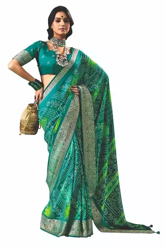 Women green vicitra soft fabric with digital print saree