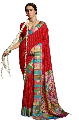 Women red tushar silk with zari border and designer pallu