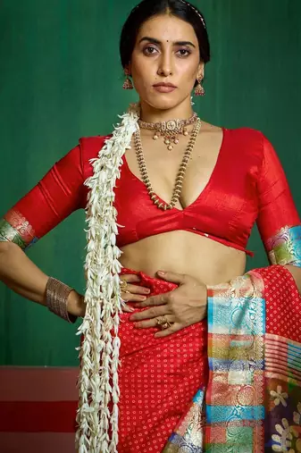 Women red tushar silk with zari border and designer pallu