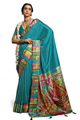 Women Rama green tussar silk with zari border and designer pallu