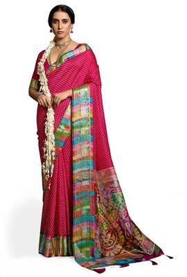 Women pink tushar silk blend with zari border and designer pallu 1