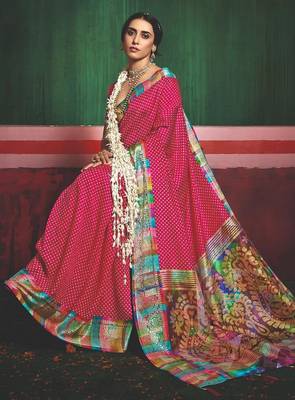 Women pink tushar silk blend with zari border and designer pallu 2