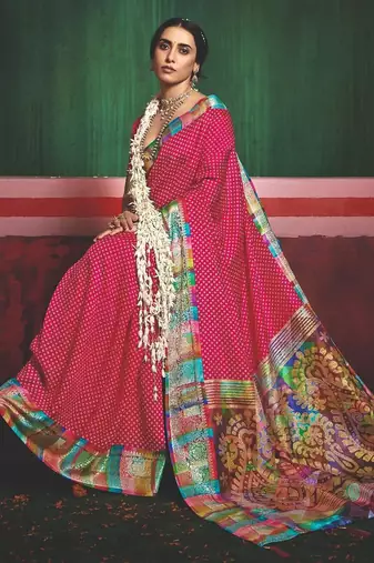 Women pink tushar silk with zari border and designer pallu