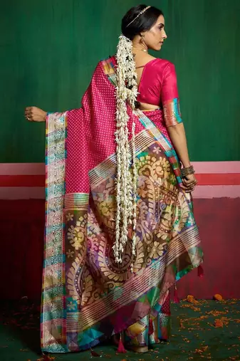 Women pink tushar silk with zari border and designer pallu