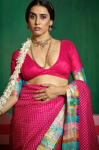 Women pink tushar silk with zari border and designer pallu