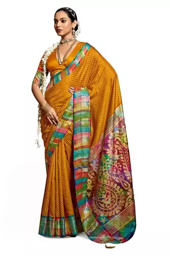 Women mustard tushar silk with zari border and designer pallu