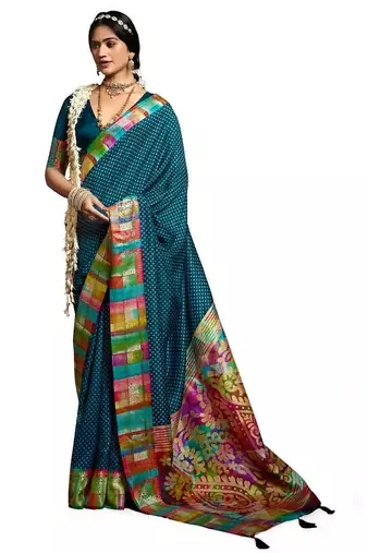 Women blue tushar silk with zari border and designer pallu