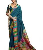 Women blue tushar silk with zari border and designer pallu