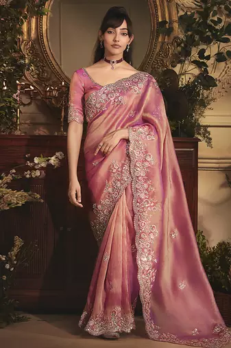 Designer pink tissue organza saree with all over butta work & heavy stone embellished border