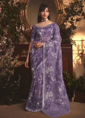 purple tissue organza embroidered work saree 1