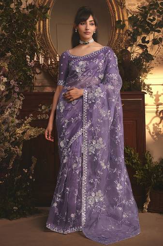 Designer purple tissue organza saree with all over butta work & heavy stone embellished border