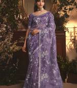 Designer purple tissue organza saree with all over butta work & heavy stone embellished border