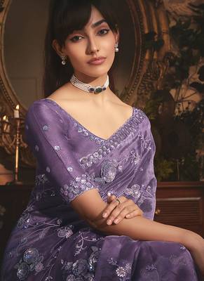 purple tissue organza embroidered work saree 2