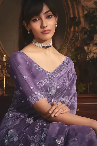 purple tissue organza embroidered work saree
