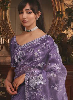 purple tissue organza embroidered work saree 3