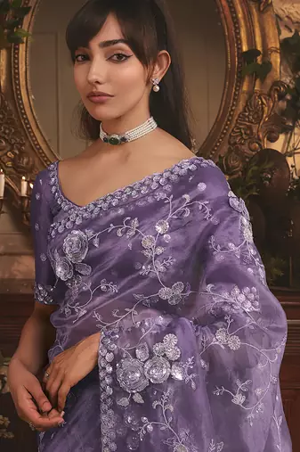 purple tissue organza embroidered work saree