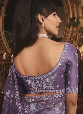 purple tissue organza embroidered work saree 4